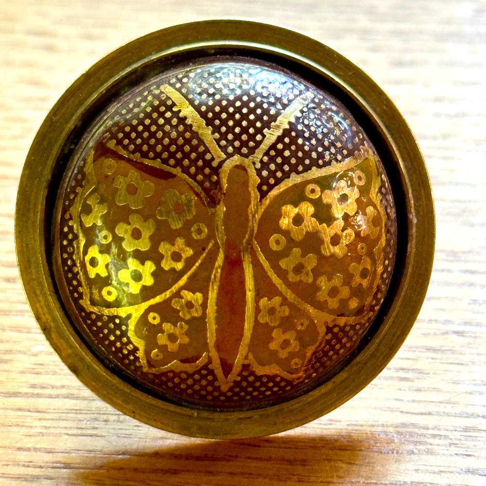 Vintage Round Brass Large Costume Adjustable Ring with Butterfly from UK